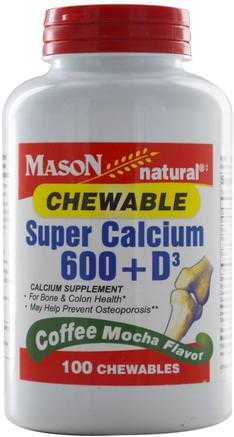 Super Calcium 600 + D3 Chewable, Coffee Mocha Flavor, 100 Chewables by Mason Naturals-Kosttillskott, Mineraler, Kalcium Vitamin D, Tuggbara Kalcium