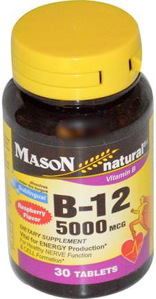 Vitamin B-12, Raspberry Flavor, 5000 mcg, 30 Sublingual Tablets by Mason Naturals-Vitaminer, Vitamin B, Vitamin B12, Vitamin B12 - Cyanokobalamin