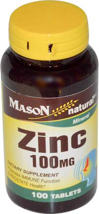 Zinc, 100 mg, 100 Tablets by Mason Naturals-Kosttillskott, Mineraler, Zink