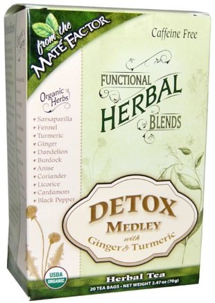 Organic Functional Herbal Blends, Detox Medley with Ginger and Turmeric, 20 Tea Bags, (3.5 g) Each by Mate Factor-Kosttillskott, Antioxidanter, Curcumin, Mat, Örtte