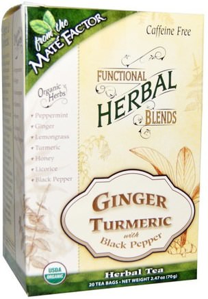 Organic Functional Herbal Blends, Ginger Turmeric with Black Pepper, 20 Tea Bags, (3.5 g) Each by Mate Factor-Kosttillskott, Antioxidanter, Curcumin, Mat, Örtte