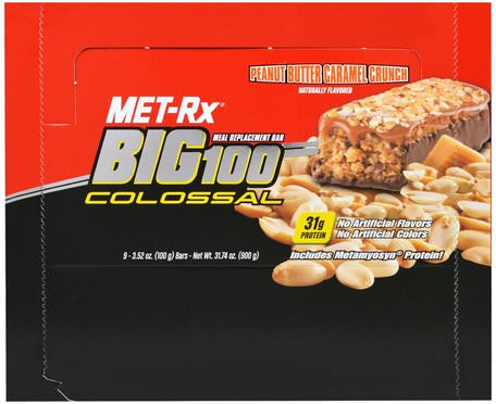 Big 100 Colossal, Meal Replacement Bar, Peanut Butter Caramel Crunch, 9 Bars, 3.52 oz (100 g) Each by MET-Rx-Mat, Snacks, Hälsosam Snacks, Kosttillskott, Näringsrika Barer