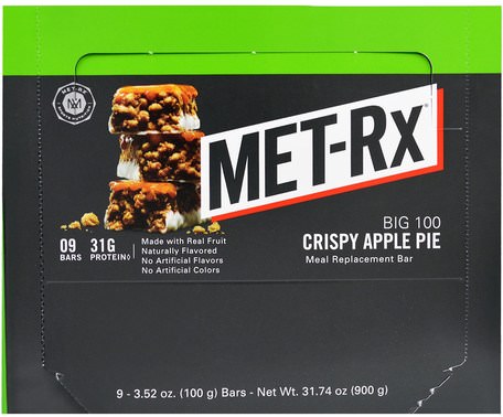 Big 100, Meal Replacement Bar, Crispy Apple Pie, 9 Bars, 3.52 oz (100 g) Each by MET-Rx-Mat, Snacks, Hälsosam Snacks, Kosttillskott, Näringsrika Barer