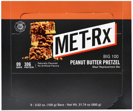 Big 100, Meal Replacement Bar, Peanut Butter Pretzel, 9 Bars, 3.52 oz (100 g) Each by MET-Rx-Kosttillskott, Näringsrika Barer, Mellanmål