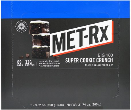 Big 100, Meal Replacement Bar, Super Cookie Crunch, 9 Bars, 3.52 oz (100 g) Each by MET-Rx-Mat, Snacks, Hälsosam Snacks, Kosttillskott, Näringsrika Barer