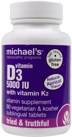 Vitamin D3, with Vitamin K2, Natural Apricot Flavor, 5.000 IU, 90 Sublingual Tablets by Michaels Naturopathic-Vitaminer, Vitamin D3