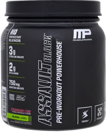 Assault Black, Pre-Workout Powerhouse, Strawberry Lime, 12.27 oz (348 g) by MusclePharm-Hälsa, Energi, Sport