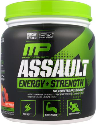 Assault, Energy + Strength, Pre-Workout, Fruit Punch, 12.17 oz (345 g) by MusclePharm-Hälsa, Energi, Sport, Träning