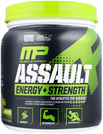 Assault, Energy + Strength, Pre-Workout, Green Apple, 11.75 oz (333 g) by MusclePharm-Hälsa, Energi, Sport, Träning