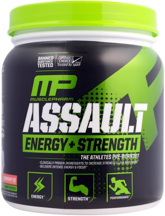Assault Energy + Strength, Pre-Workout, Strawberry Ice, 12.17 oz (345 g) by MusclePharm-Hälsa, Energi, Sport, Träning