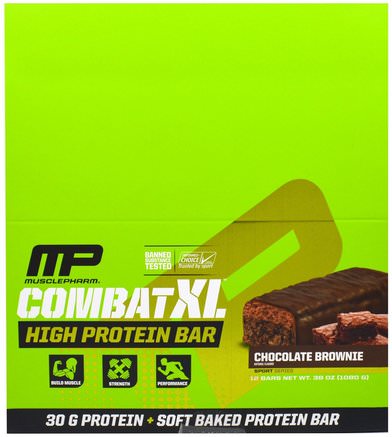 Combat XL, High Protein Bar, Chocolate Brownie, 12 Bars, 38 oz (1080 g) by MusclePharm-Sport Protein, Sport, Protein Barer