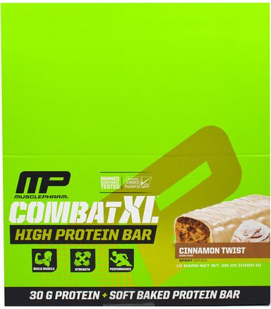 Combat XL High Protein Bar, Cinnamon Twist, 12 Bars, 38 oz (1080 g) by MusclePharm-Sport Protein, Sport, Protein Barer