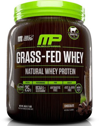 Grass-Fed Whey, Natural Whey Protein Drink Mix, Chocolate, 1 lbs (455 g) by MusclePharm Natural-Sport, Kosttillskott, Protein