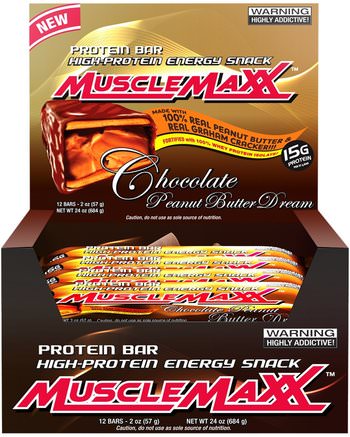 High-Protein Energy Snack, Chocolate Peanut Butter Dream, 12 Bars, 2 oz (57 g) Each by MuscleMaxx-Sport, Protein Barer