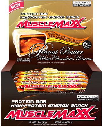 High-Protein Energy Snack, Protein Bar, Peanut Butter White Chocolate Heaven, 12 Bars, 2 oz (57 g) by MuscleMaxx-Sport, Protein Barer