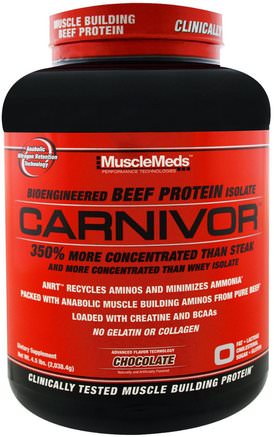 Carnivor, Bioengineered Beef Protein Isolate, Chocolate, 4.5 lbs (2.038.4 g) by MuscleMeds-Kosttillskott, Anabola Kosttillskott, Protein