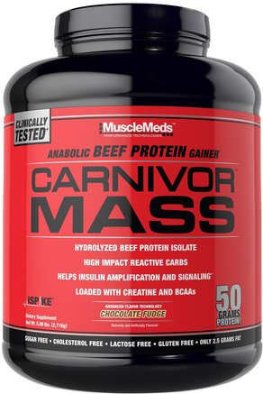 Carnivor Mass, Anabolic Beef Protein Gainer, Chocolate Fudge, 5.99 lbs (2.716 g) by MuscleMeds-Kosttillskott, Anabola Kosttillskott, Protein