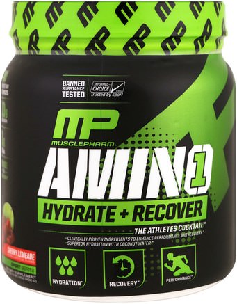 Amino 1, Hydrate + Recover, Cherry Limeade, 15.24 oz (432 g) by MusclePharm-Sport, Kosttillskott, Aminosyror