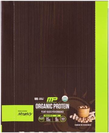 Organic Protein Bar, Peanut Butter, 12 Bars, 21.20 oz (600 g) by MusclePharm Natural-Sport, Kosttillskott, Protein