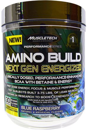 Amino Build Next Gen BCAA Formula With Betaine Energized, Blue Raspberry, 9.96 oz (282 g) by Muscletech-Kosttillskott, Aminosyror, Sport, Bcaa (Förgrenad Aminosyra)