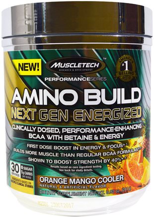 Amino Build Next Gen BCAA Formula With Betaine Energized, Orange Mango Cooler, 9.92 oz (281 g) by Muscletech-Kosttillskott, Aminosyror, Sport, Bcaa (Förgrenad Aminosyra)