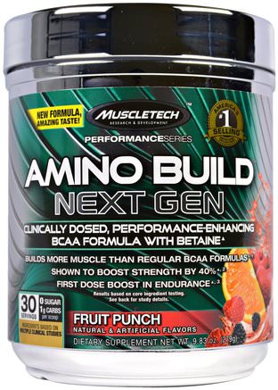Amino Build Next Gen BCAA Formula With Betaine, Fruit Punch, 9.83 oz (279 g) by Muscletech-Kosttillskott, Aminosyror, Sport, Bcaa (Förgrenad Aminosyra)