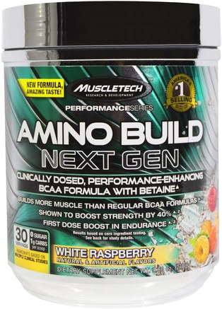 Amino Build, Next Gen BCAA Formula With Betaine, White Raspberry, 9.80 oz (278 g) by Muscletech-Sport, Träning