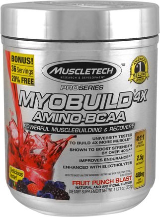 MyoBuild 4X Amino-BCAA, Fruit Punch Blast, 11.71 oz (332 g) by Muscletech-Sporter