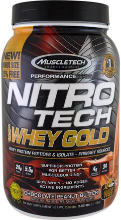 Nitro Tech, 100% Whey Gold, Chocolate Peanut Butter, 2.50 lbs (1.13 kg) by Muscletech-Kosttillskott, Vassleprotein, Sport