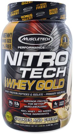Nitro Tech, 100% Whey Gold, Cookies And Cream, 2.20 lbs (999 g) by Muscletech-Kosttillskott, Vassleprotein, Sport