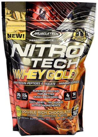 Nitro Tech 100% Whey Gold, Double Rich Chocolate, 1.00 lbs (454 g) by Muscletech-Kosttillskott, Vassleprotein, Sport