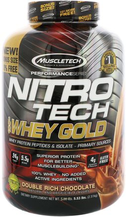 Nitro Tech, 100% Whey Gold, Double Rich Chocolate, 5.53 lbs (2.51 kg) by Muscletech-Sport, Kosttillskott, Vassleprotein