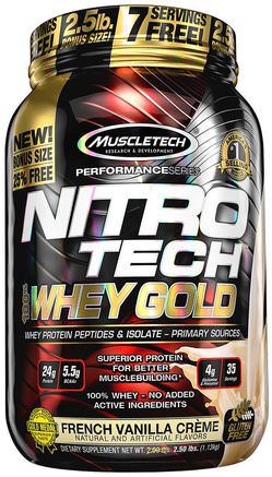 Nitro Tech, 100% Whey Gold, French Vanilla Creme, 2.20 lbs (999 g) by Muscletech-Sport, Muscletech Nitro Tech
