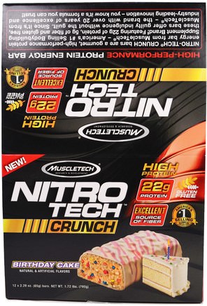 Nitro Tech Crunch Bars, Birthday Cake, 12 Bars, 2.29 oz (65 g) Each by Muscletech-Sport Protein, Sport, Protein Barer