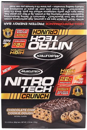 Nitro Tech Crunch Bars, Chocolate Chip Cookie Dough, 12 Bars, 2.29 oz (65 g) Each by Muscletech-Sport Protein, Sport, Protein Barer