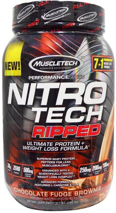 Nitro Tech, Ripped, Ultimate Protein + Weight Loss Formula, Chocolate Fudge Brownie, 2.00 lbs (907 g) by Muscletech-Viktminskning, Diet, Muscletech Nitro Tech