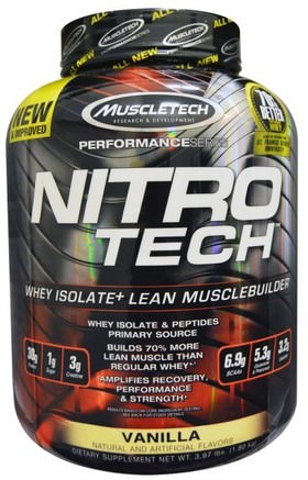 Nitro-Tech. Whey Isolate + Lean Muscle Builder, Vanilla, 3.97 lbs (1.8 kg) by Muscletech-Sport, Muscletech Nitro Tech