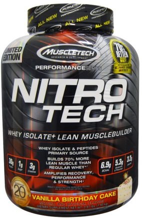 Nitro Tech, Whey Isolate+ Lean Musclebuilding, Vanilla Birthday Cake, 3.97 lbs (1.80 kg) by Muscletech-Sport, Muscletech Nitro Tech