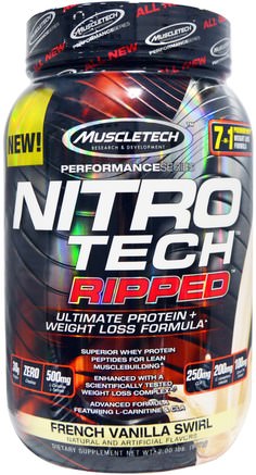 Nitrotech, Ripped, Ultimate Protein + Weight Loss Formula, French Vanilla Swirl, 2.00 lbs (907 g) by Muscletech-Viktminskning, Diet, Muscletech Nitro Tech
