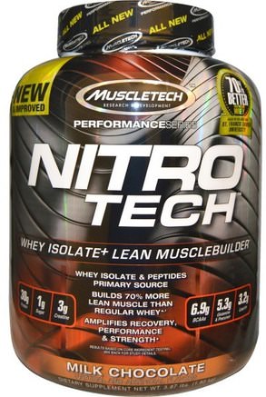 Performance Series, Nitro-Tech, Whey Isolate + Lean Musclebuilder, Milk Chocolate, 3.97 lbs (1.80 kg) by Muscletech-Sport, Muscletech Nitro Tech