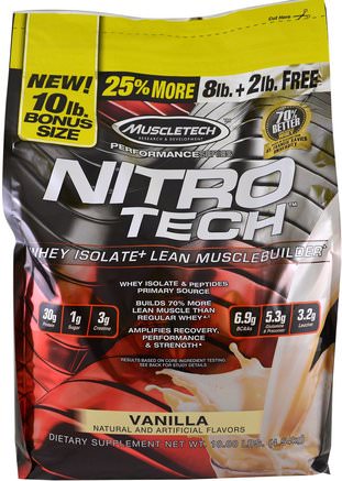 Performance Series, Nitro-Tech, Whey Isolate + Lean Musclebuilder, Vanilla, 10 lbs (4.54 kg) by Muscletech-Sporter