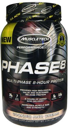 Performance Series, Phase8, Multi-Phase 8-Hour Protein, Cookies and Cream, 2.00 lbs (907 g) by Muscletech-Sport, Sport