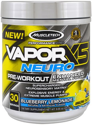 Performance Series, VaporX5 Neuro, Blueberry Lemonade, 9.05 oz (257 g) by Muscletech-Hälsa, Energi, Sport