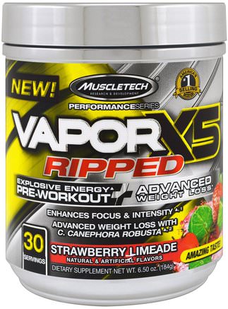 Performance Series, VaporX5 Ripped, Strawberry Limeade, 6.50 oz (184 g) by Muscletech-Hälsa, Energi, Sport