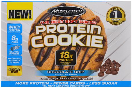 Protein Cookie, Chocolate Chip, 6 Cookies, 3.25 oz (92 g) Each by Muscletech-Sporter