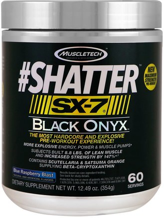 #Shatter, SX-7, Black Onyx, Pre-Workout, Blue Raspberry Blast, 12.49 oz (354 g) by Muscletech-Hälsa, Energi, Sport