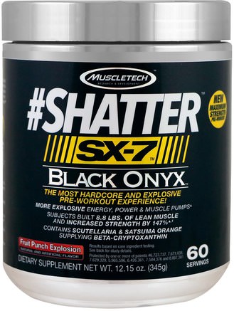 #Shatter, SX-7, Black Onyx, Pre-Workout, Fruit Punch Explosion, 12.15 oz (345 g) by Muscletech-Hälsa, Energi, Sport
