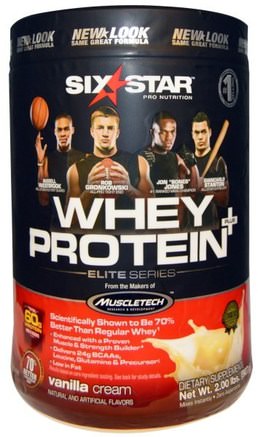 Six Star Pro Nutrition, Whey Protein +, Elite Series, Vanilla Cream, 2.00 lbs (907 g) by Six Star-Kosttillskott, Vassleprotein, Sport