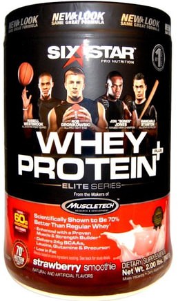 Whey Protein Plus, Elite Series, Strawberry Smoothie, 2.00 lbs (907 g) by Six Star-Kosttillskott, Vassleprotein, Sport
