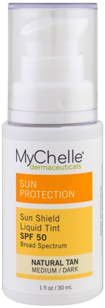 Sun Shield Liquid Tint, SPF 50, Natural Tan, 1 fl oz (30 ml) by MyChelle Dermaceuticals-Skönhet, Ansiktsvård, Spf Ansiktsvård